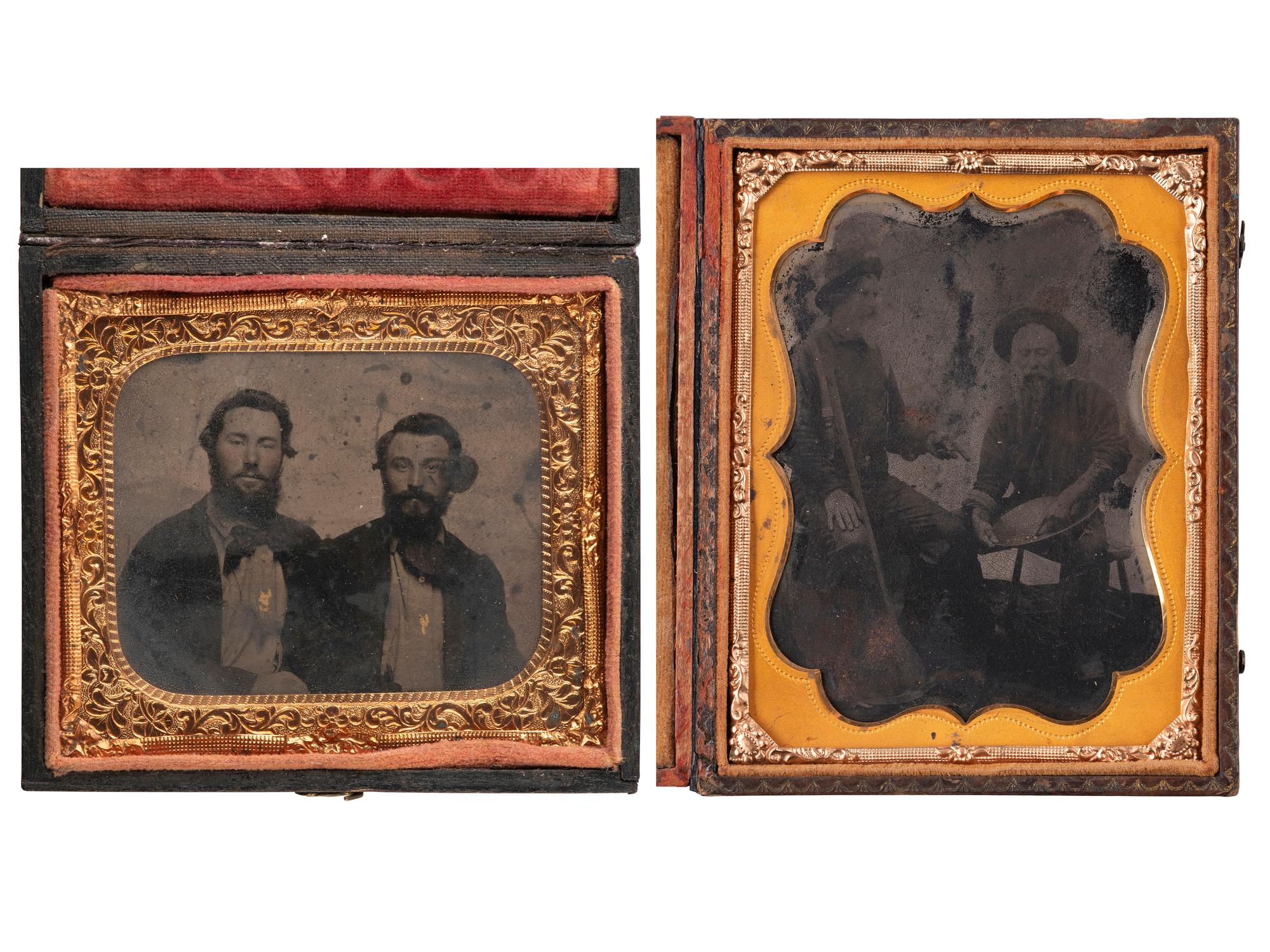 [WESTERN AMERICANA - MINING]. Quarter plate and sixth plate tintypes of gold miners, including portrait of identified "California Gold Seekers," James Standley and Nate Hadden. Ca 1860.