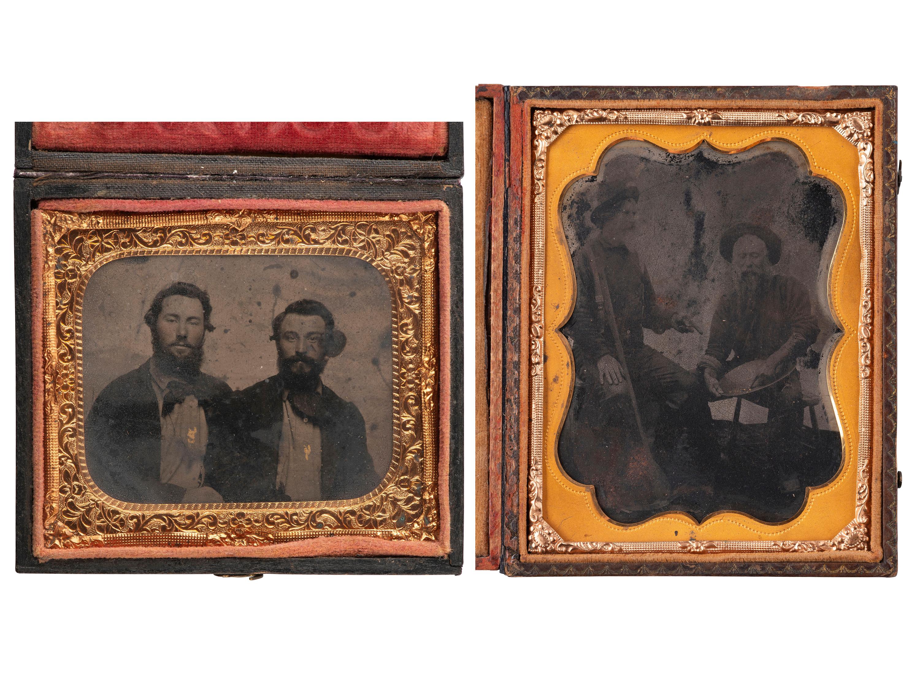 [WESTERN AMERICANA - MINING]. Quarter plate and sixth plate tintypes of gold miners, including portrait of identified "California Gold Seekers," James Standley and Nate Hadden. Ca 1860.