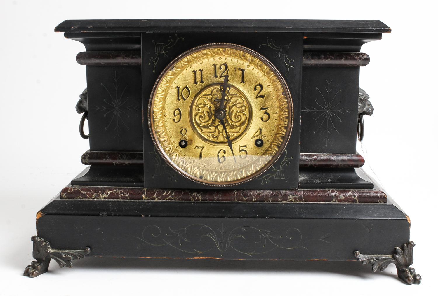 An American Ebonized Mantel Clock Height 10 x width 16 inches. — LATE 19TH/EARLY 20TH CENTURY