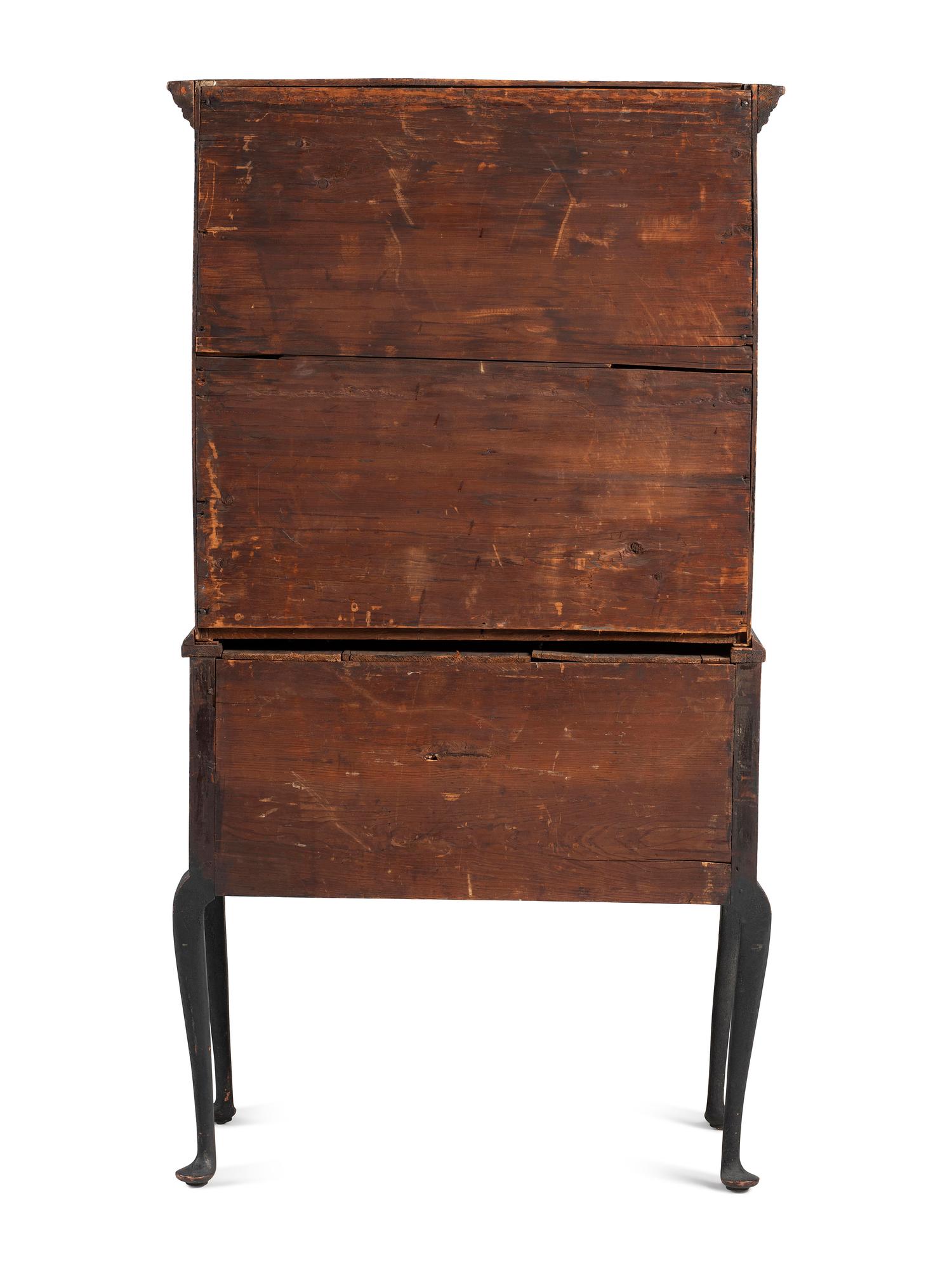 A Queen Anne Black Painted Maple Flat-Top High Chest