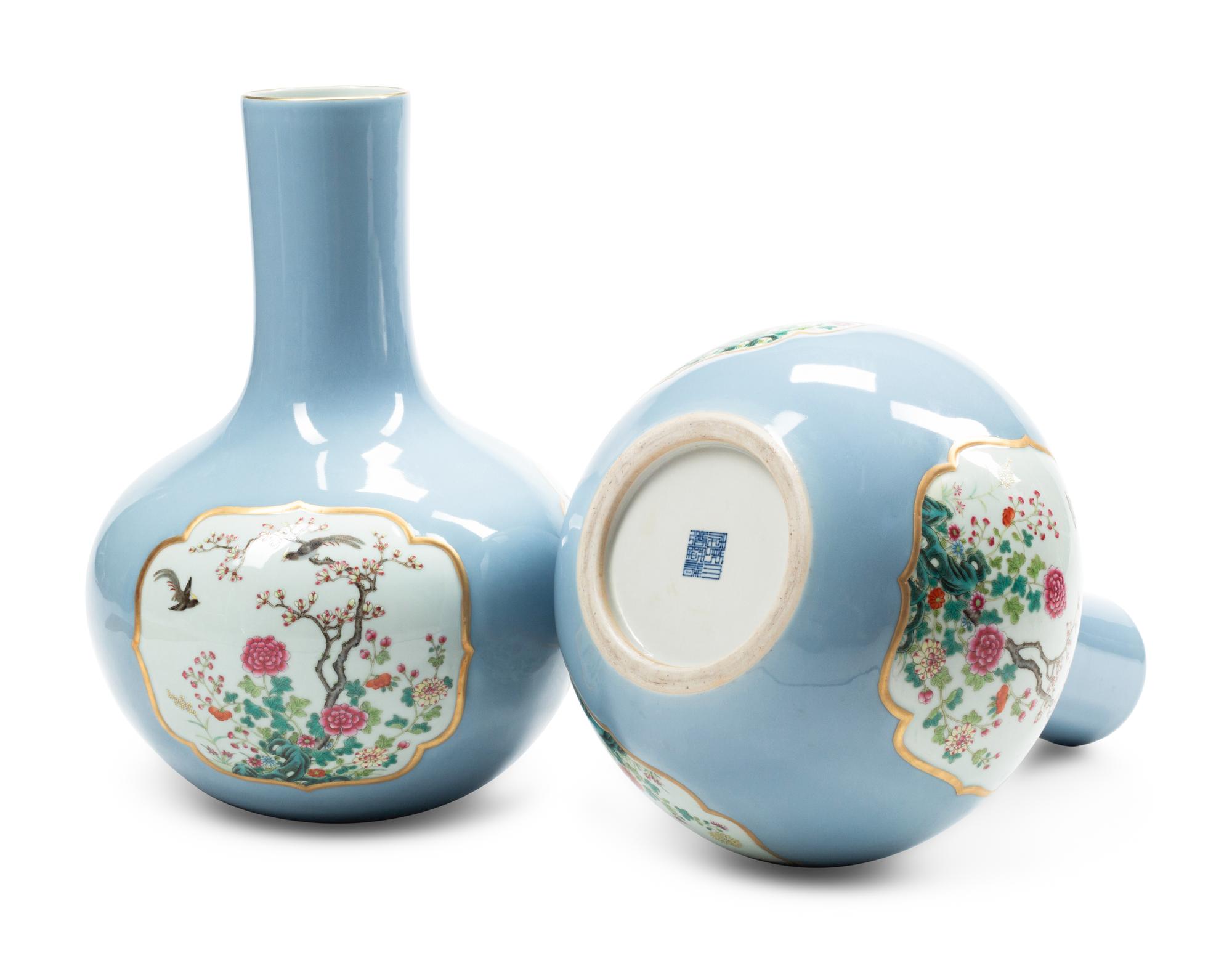 A Pair of Chinese Celeste Blue and Polychrome Porcelain Vases