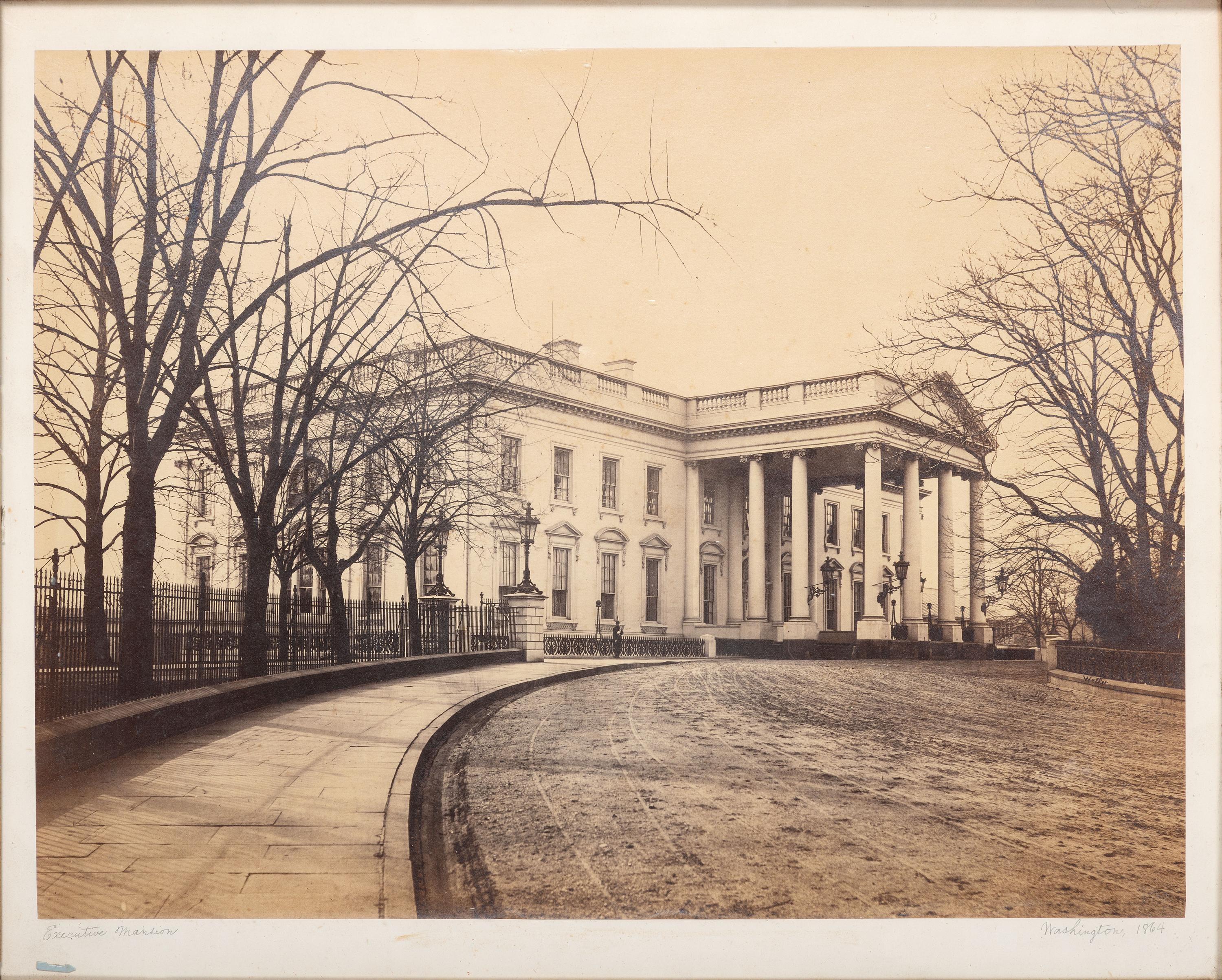 [THE WHITE HOUSE]. WALKER, Lewis Emery (1820-1880), photographer. Large format photograph of the White House. Washington, DC, 1864.