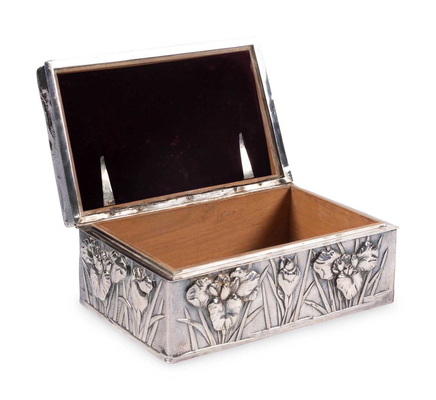 A Japanese Silver Table Box with Iris Flower Decoration