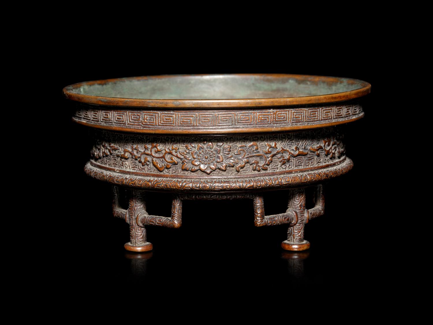 A Patinated Bronze Flower Arranging Vessel, Suiban