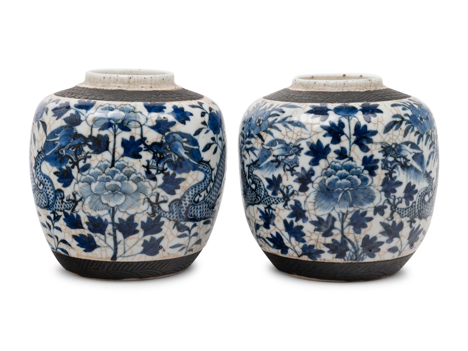 Two Chinese Underglaze Blue Crackle Glazed and Iron Decorated Porcelain Jars