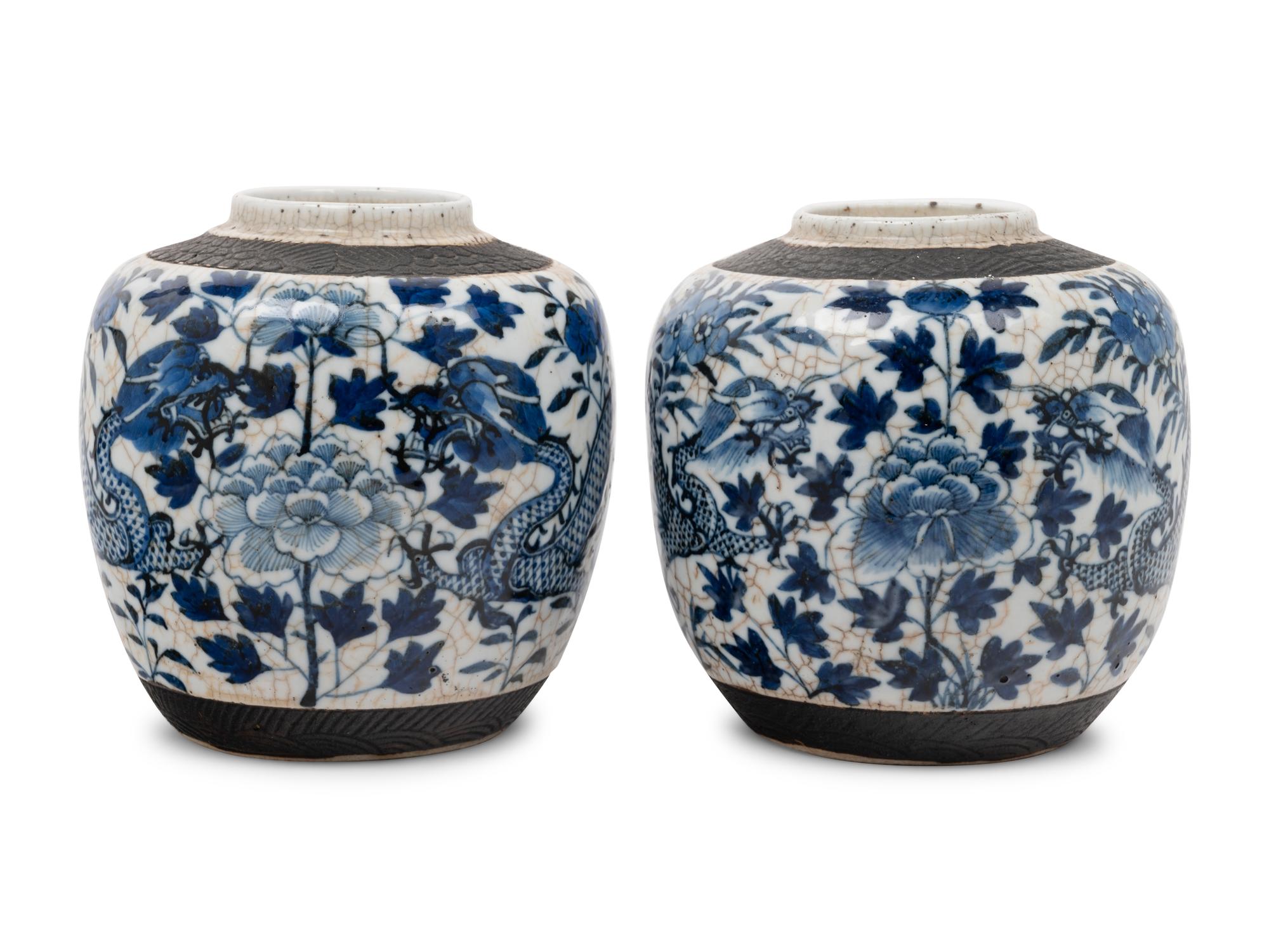 Two Chinese Underglaze Blue Crackle Glazed and Iron Decorated Porcelain Jars