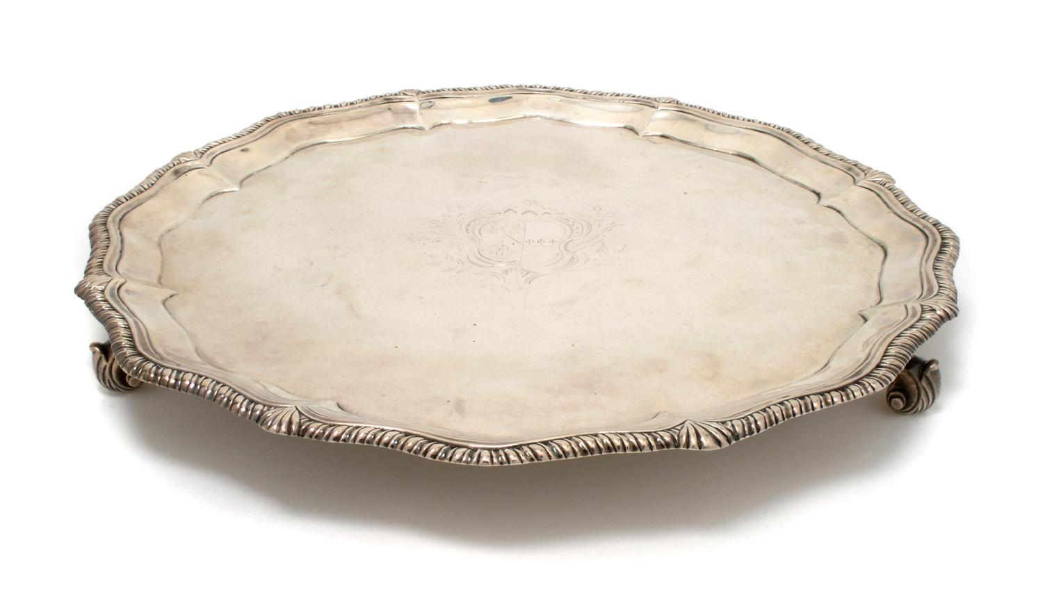 An English Silver Salver, London, Diameter 14 1/4 inches.