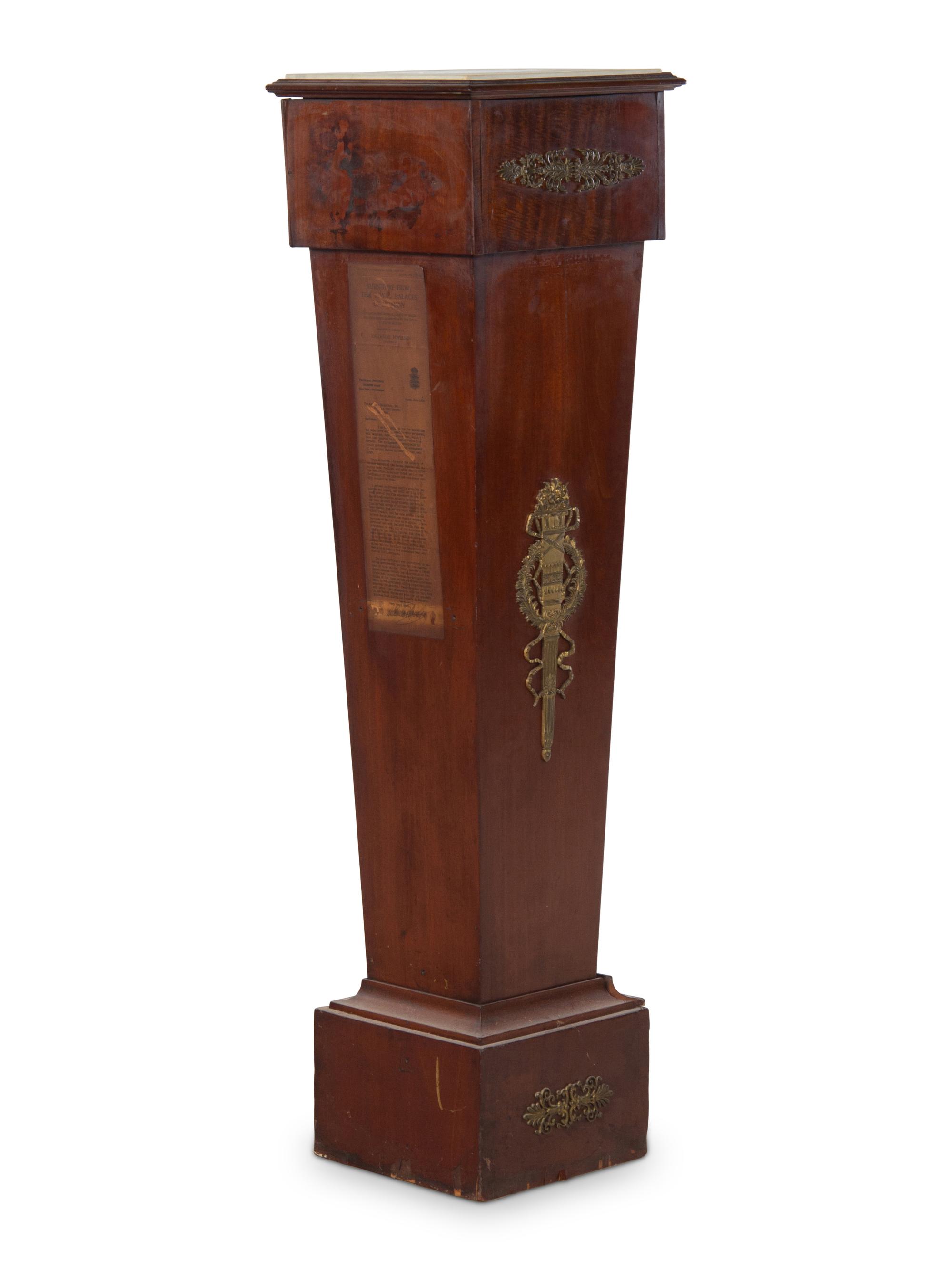 An Empire Style Gilt Metal Mounted Walnut Marble-Top Pedestal
