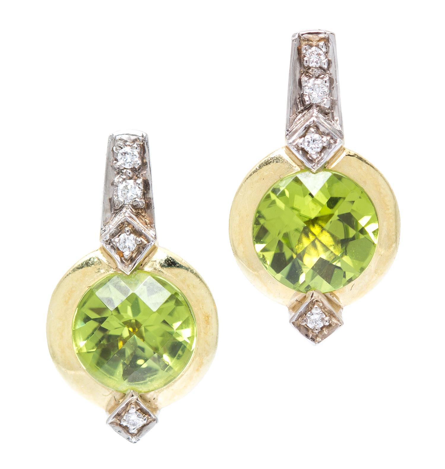 A Pair of 18 Karat Gold, Peridot and Diamond Earrings, 7.10 dwts.