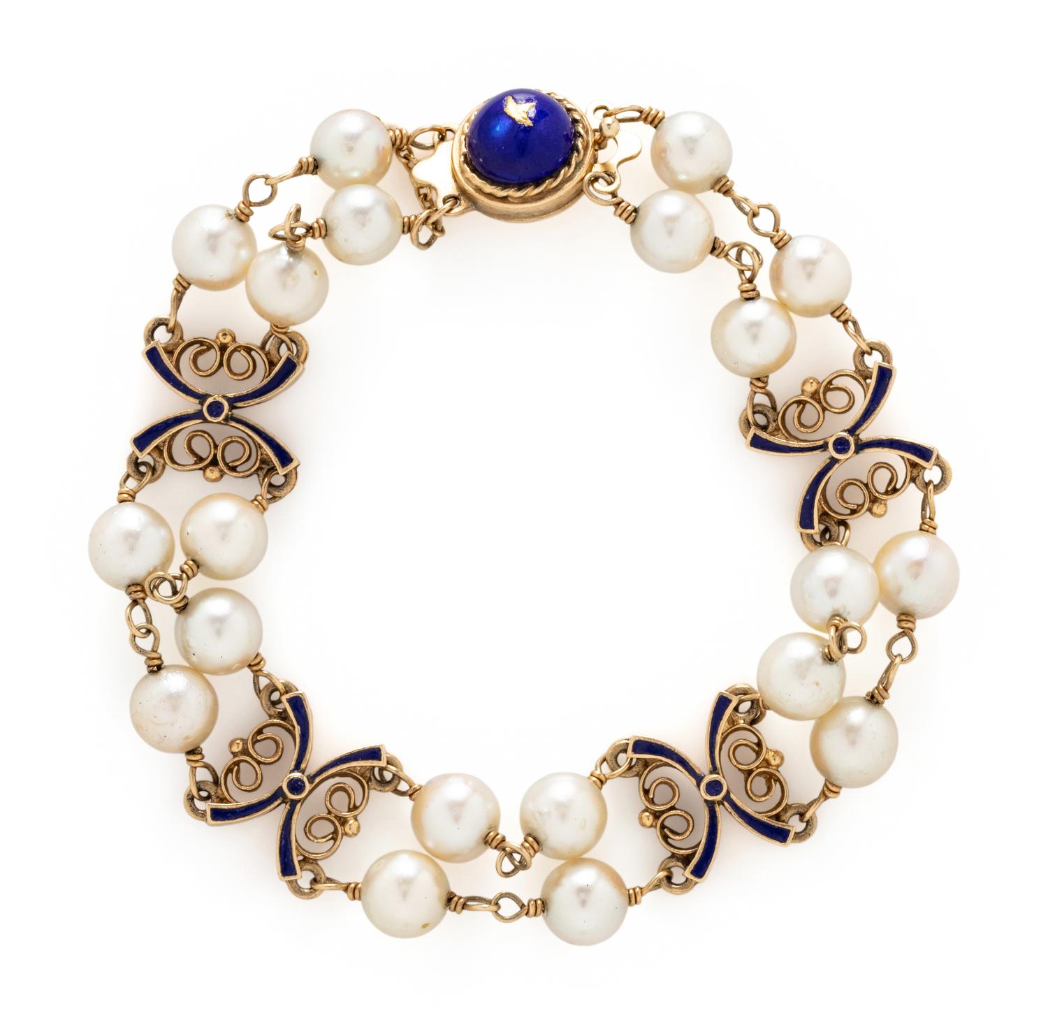 YELLOW GOLD, CULTURED PEARL, AND ENAMEL BRACELET