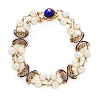 YELLOW GOLD, CULTURED PEARL, AND ENAMEL BRACELET