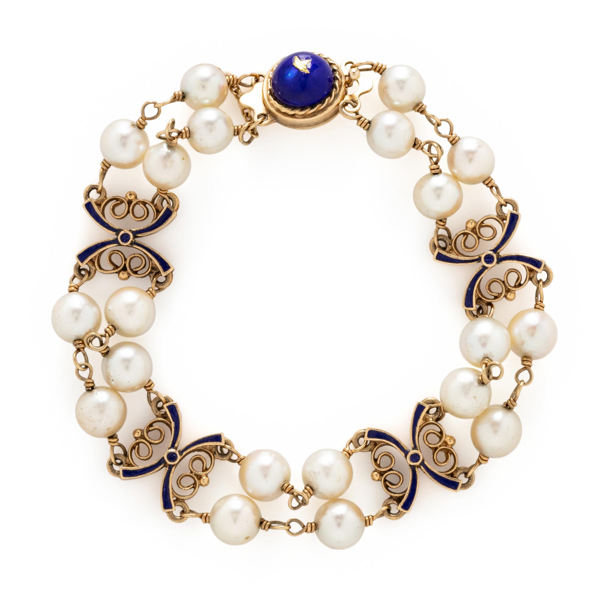 YELLOW GOLD, CULTURED PEARL, AND ENAMEL BRACELET