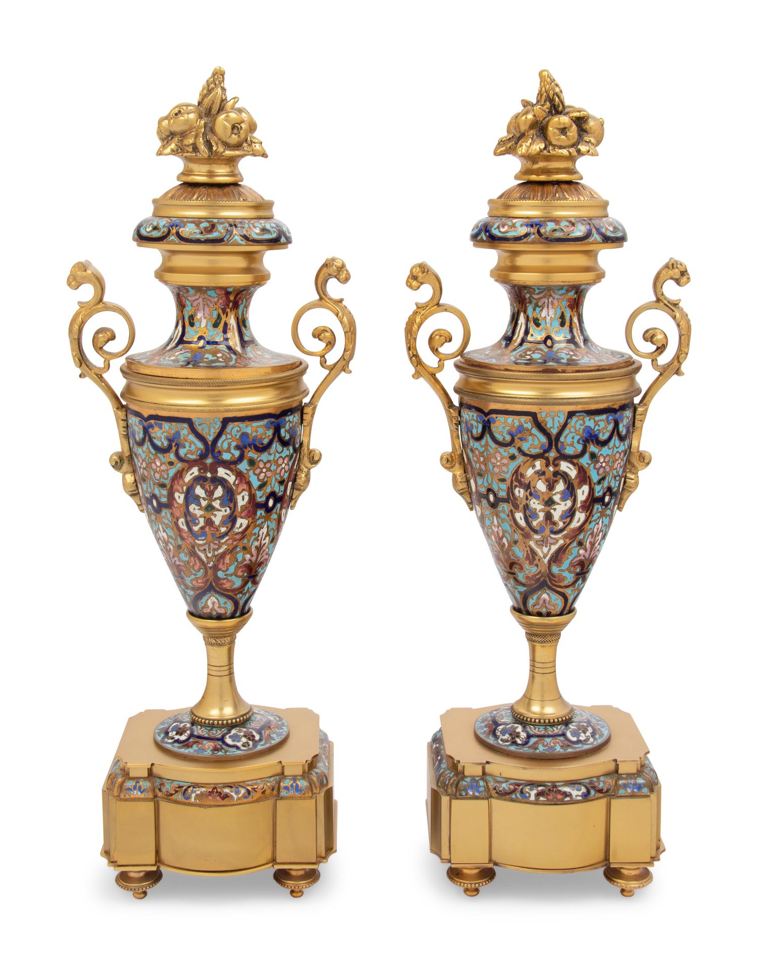 A Pair of French Gilt Bronze and Champlevé Enamel Urns