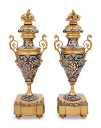 A Pair of French Gilt Bronze and Champlevé Enamel Urns