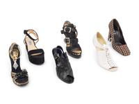 A Collection of Six Pairs of Designer Shoes by Prada, Jean Paul Gaultier, Manolo Blahnik, and Helmut Lang