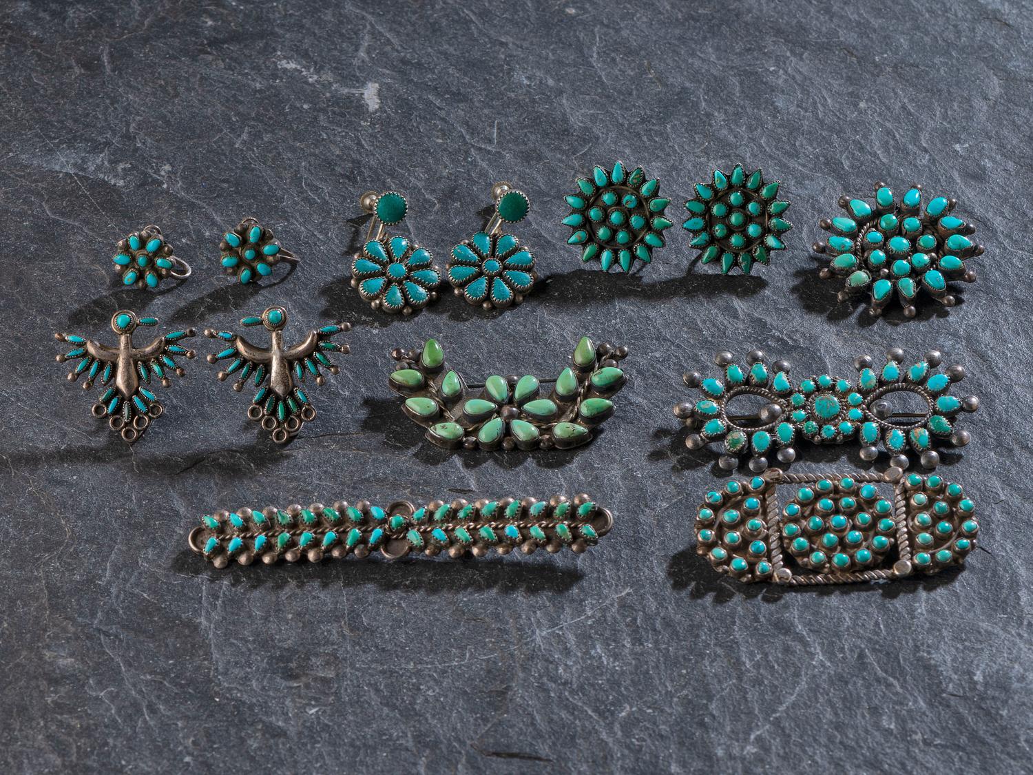Collection of Zuni or Navajo Petit Point Turquoise Cluster Pins and Screwback Earrings