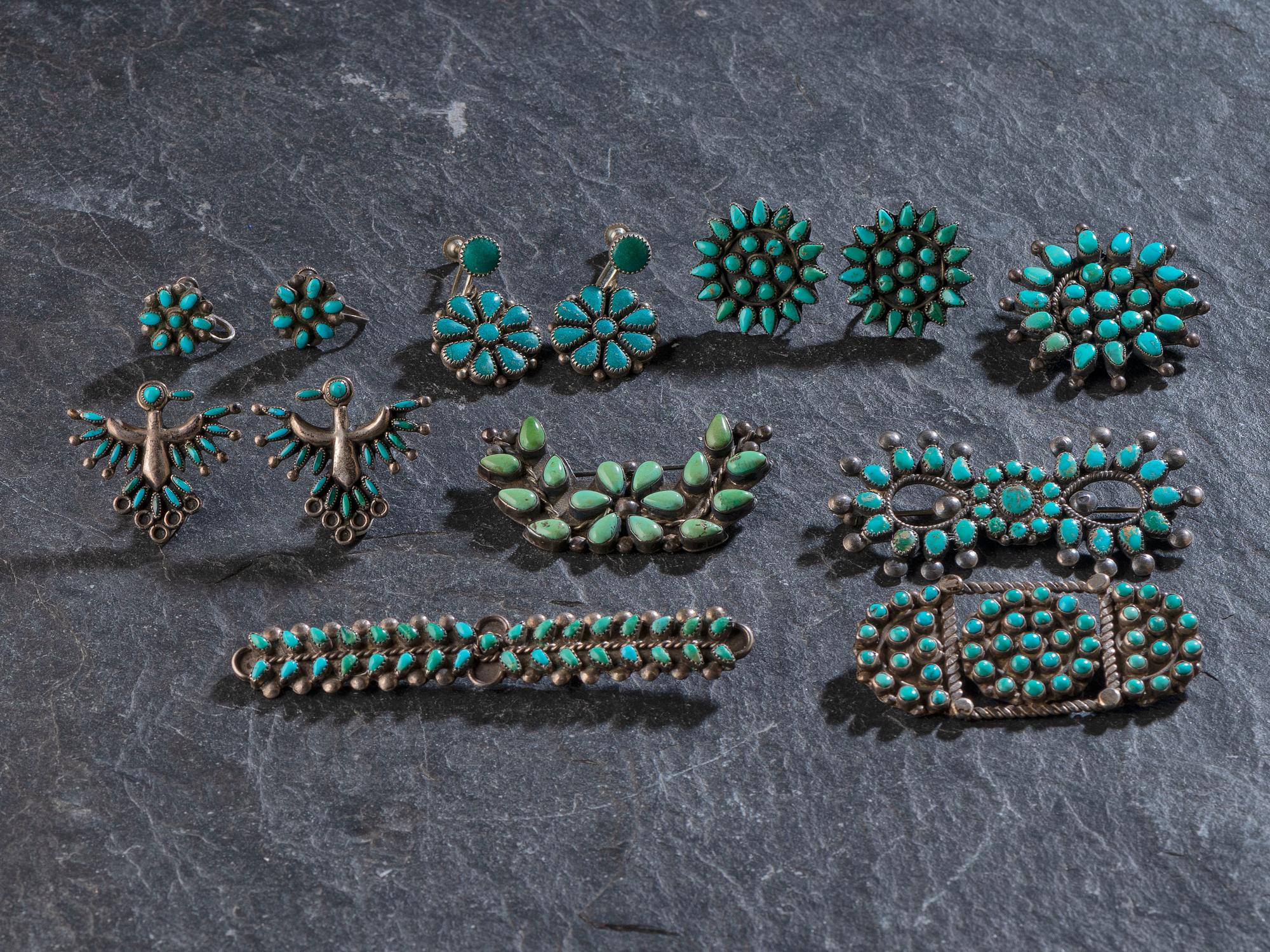 Collection of Zuni or Navajo Petit Point Turquoise Cluster Pins and Screwback Earrings