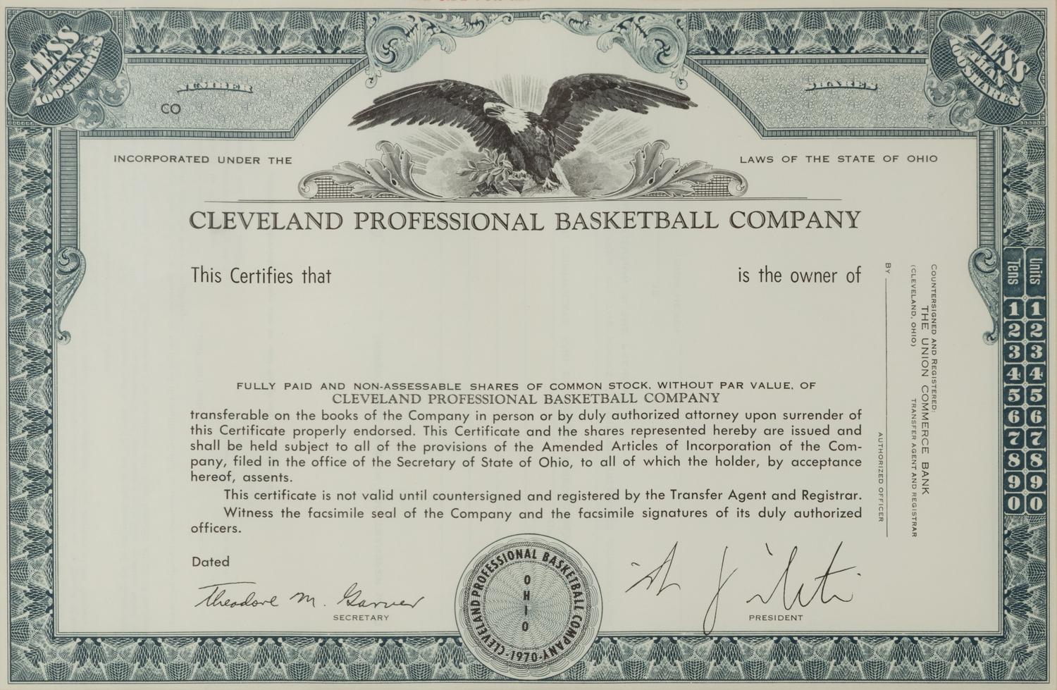 A Cleveland Professional Basketball Company Stock Certificate