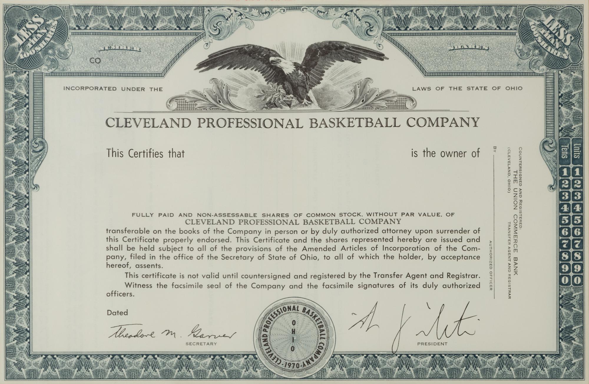 A Cleveland Professional Basketball Company Stock Certificate
