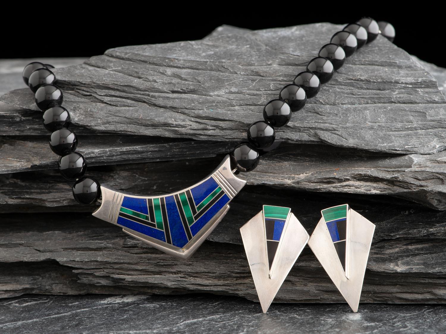 Sterling Silver Lapis, and Malachite Necklace AND Earrings