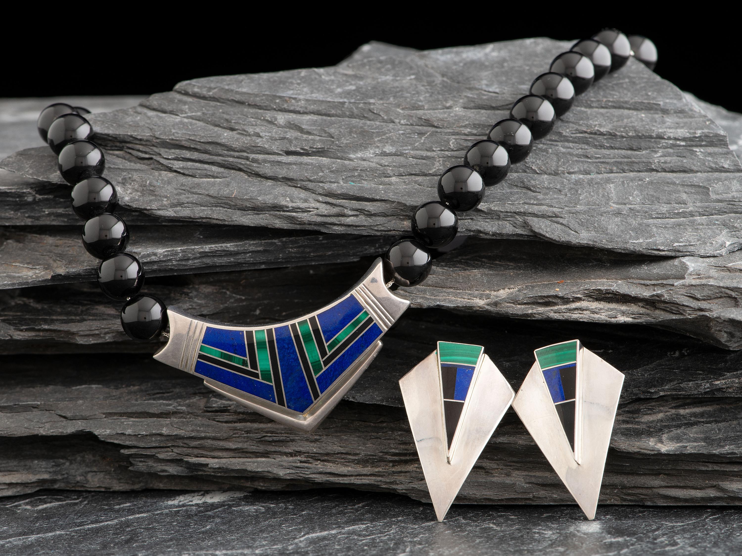 Sterling Silver Lapis, and Malachite Necklace AND Earrings