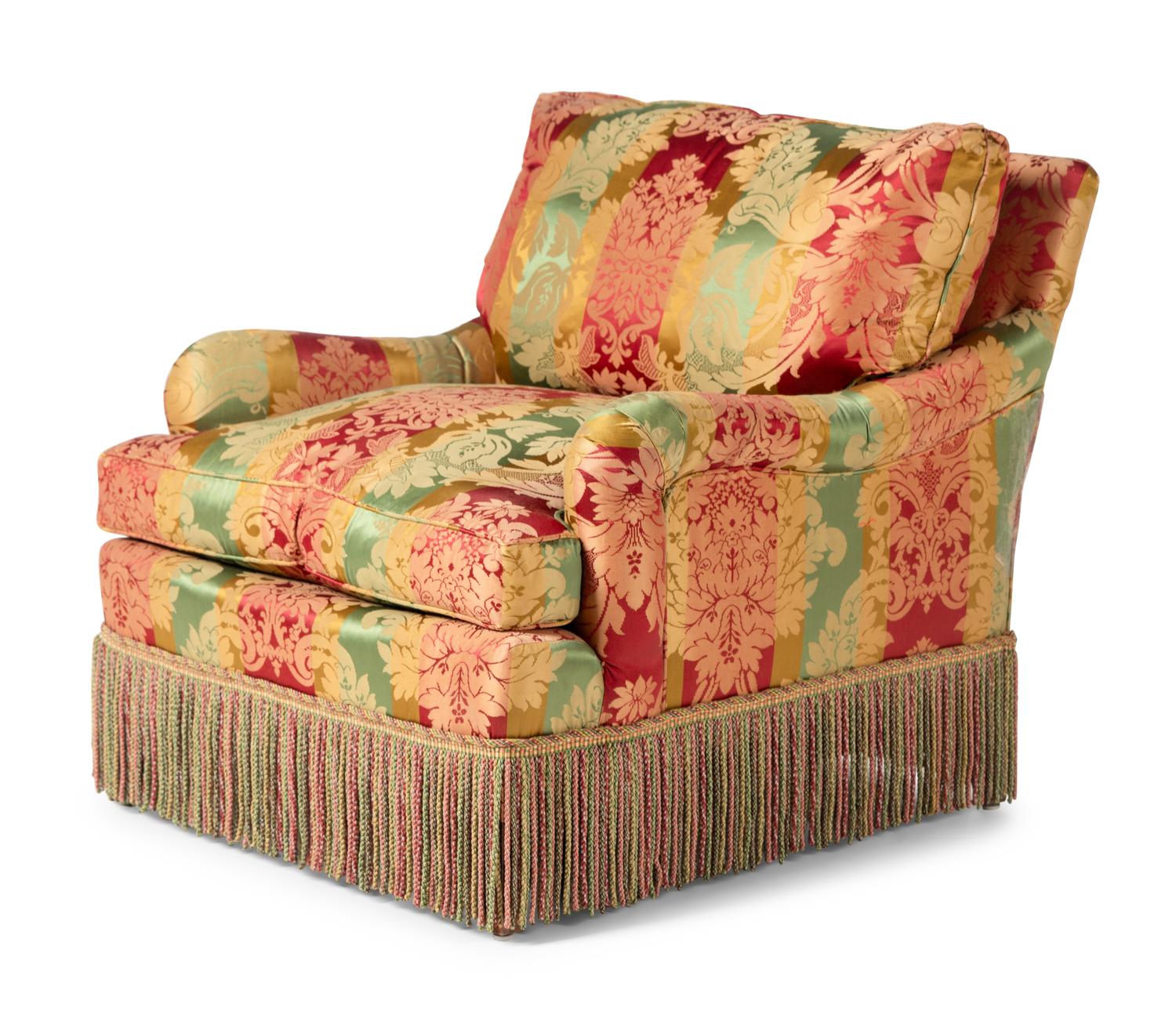 A Pair of Contemporary Damask-Upholstered Lounge Chairs with Bullion Fringe