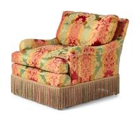 A Pair of Contemporary Damask-Upholstered Lounge Chairs with Bullion Fringe