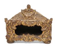 An Italian Carved Giltwood Hinged Top Reliquary and Embroidered Velvet Cloth