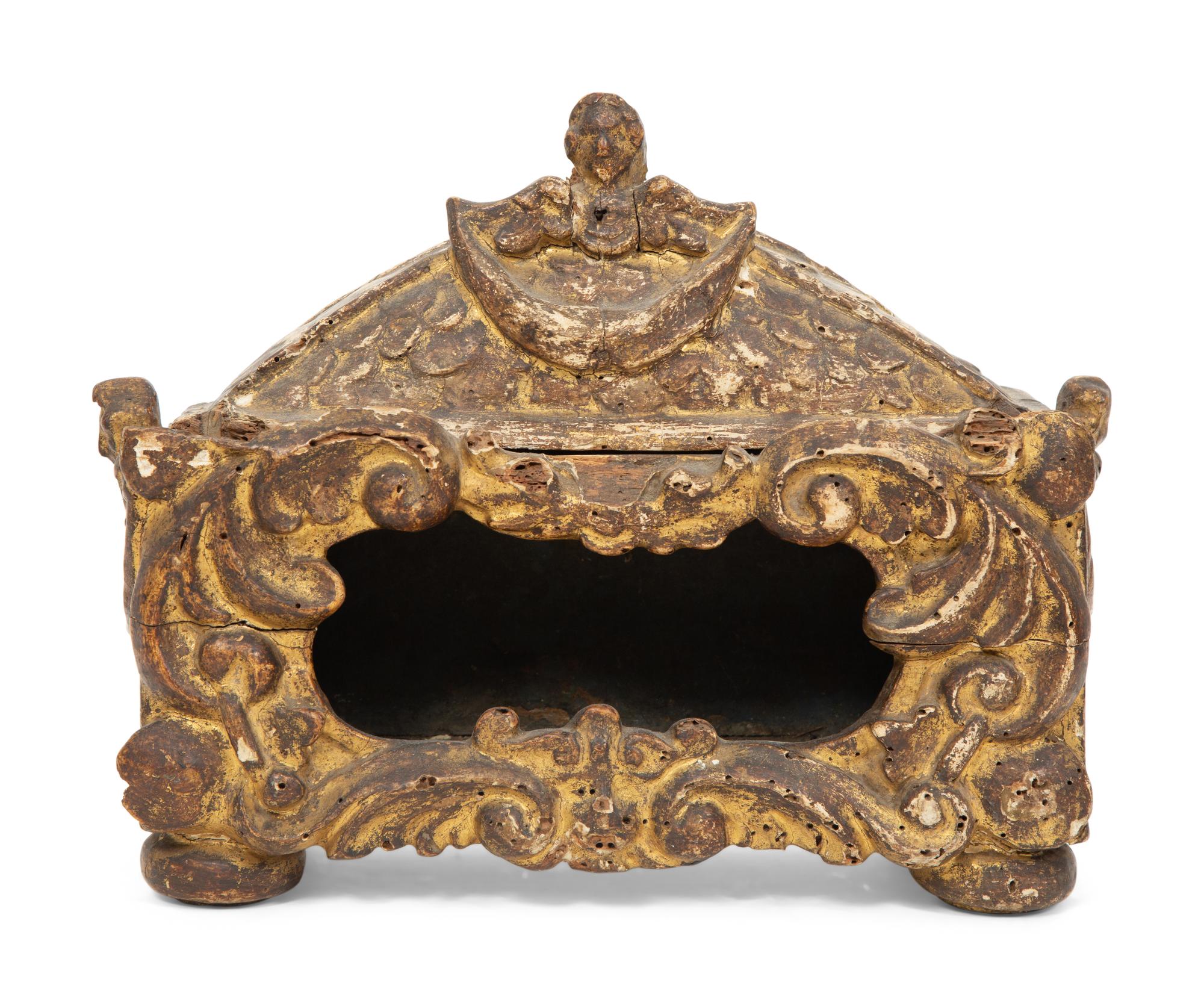 An Italian Carved Giltwood Hinged Top Reliquary and Embroidered Velvet Cloth