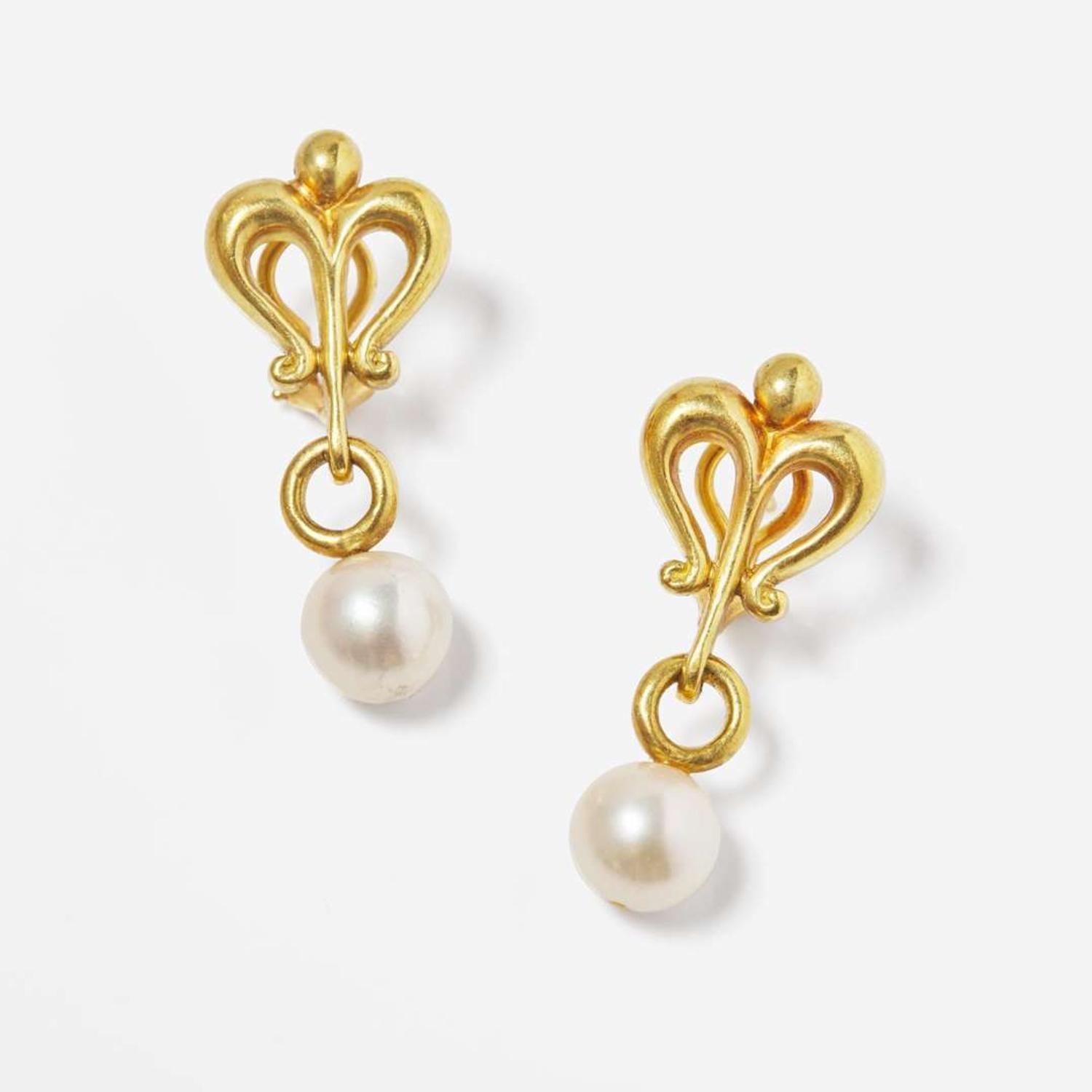 A Pair of 18K Yellow Gold and Pearl Earrings and a Mikimoto Pearl Necklace