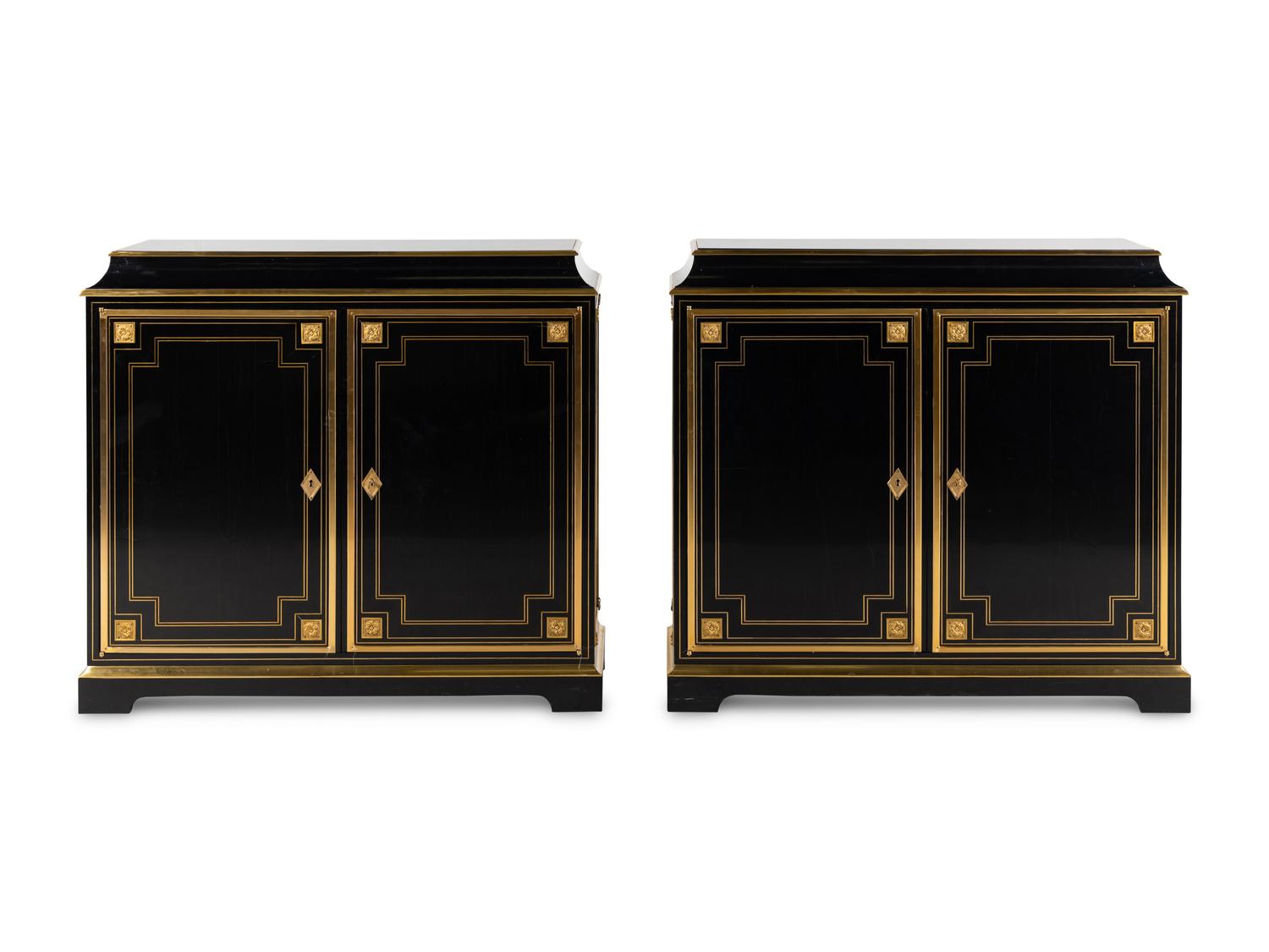 A Pair of Custom Gilt Bronze Mounted Ebonized Cabinets