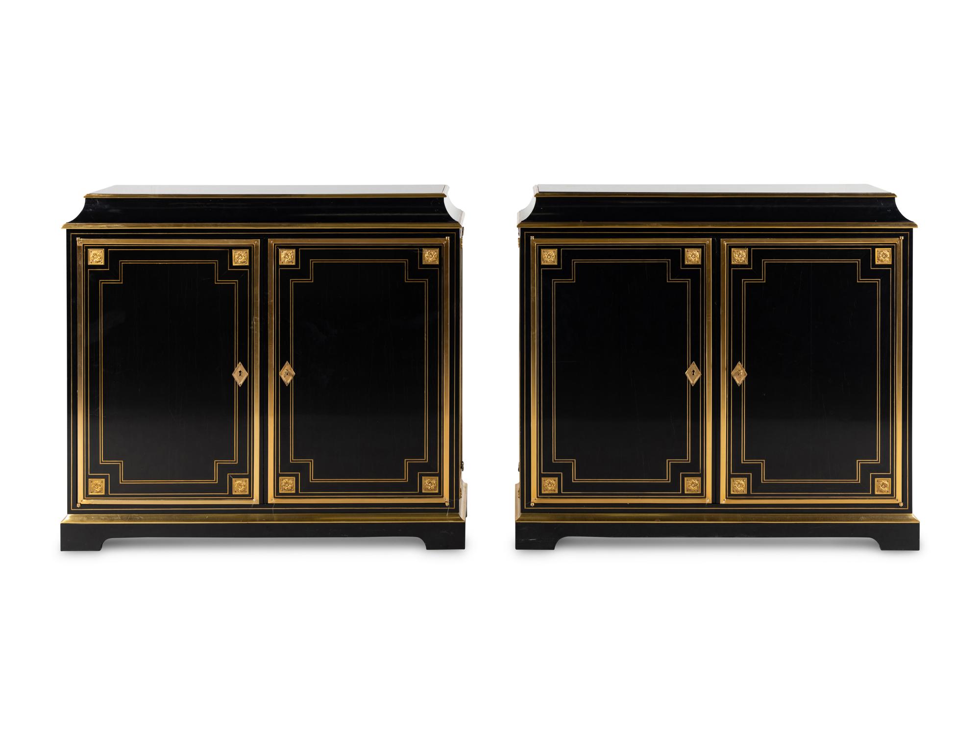 A Pair of Custom Gilt Bronze Mounted Ebonized Cabinets