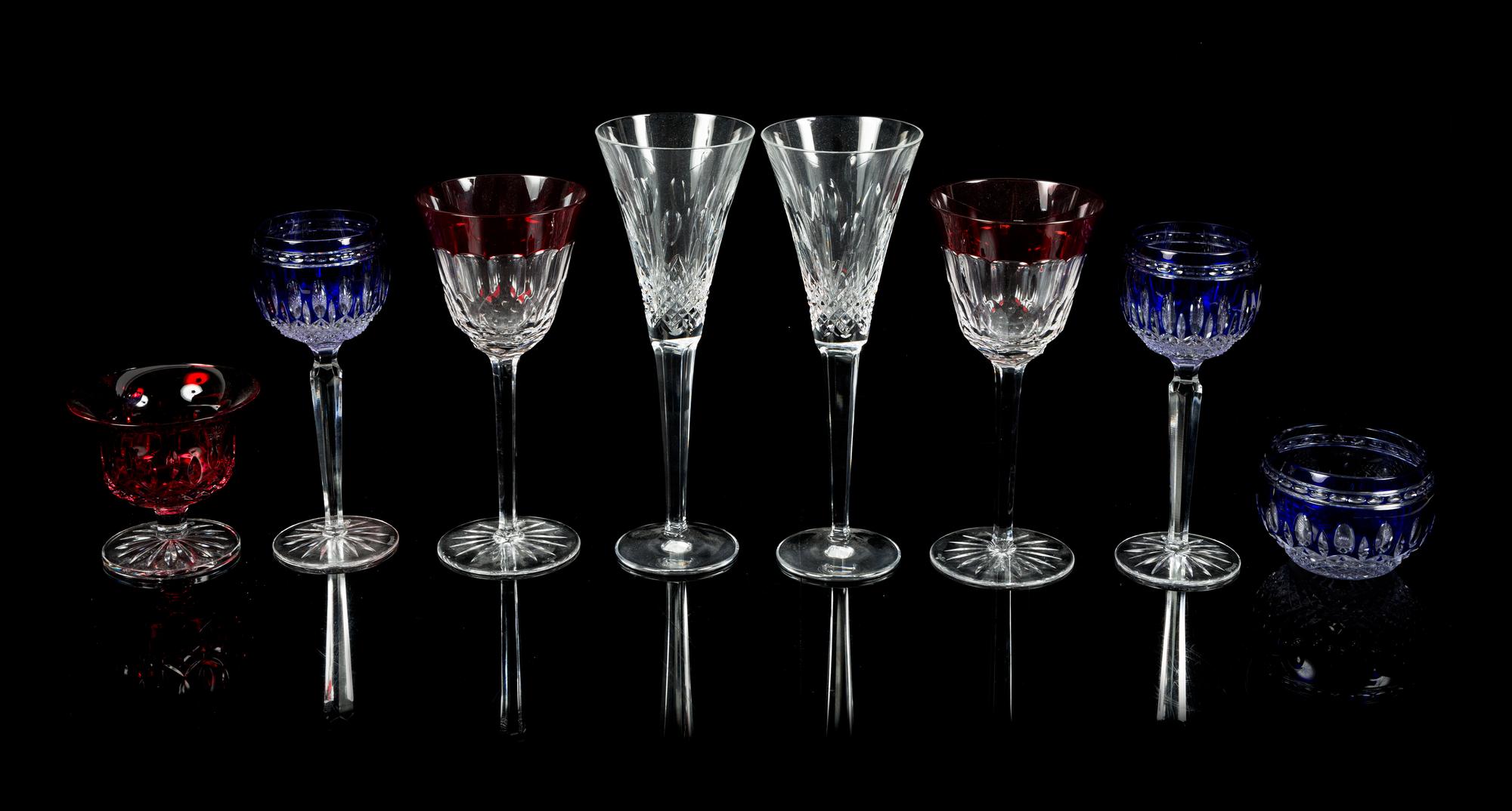 Waterford, three pairs of crystal stem glasses, together with two bowls