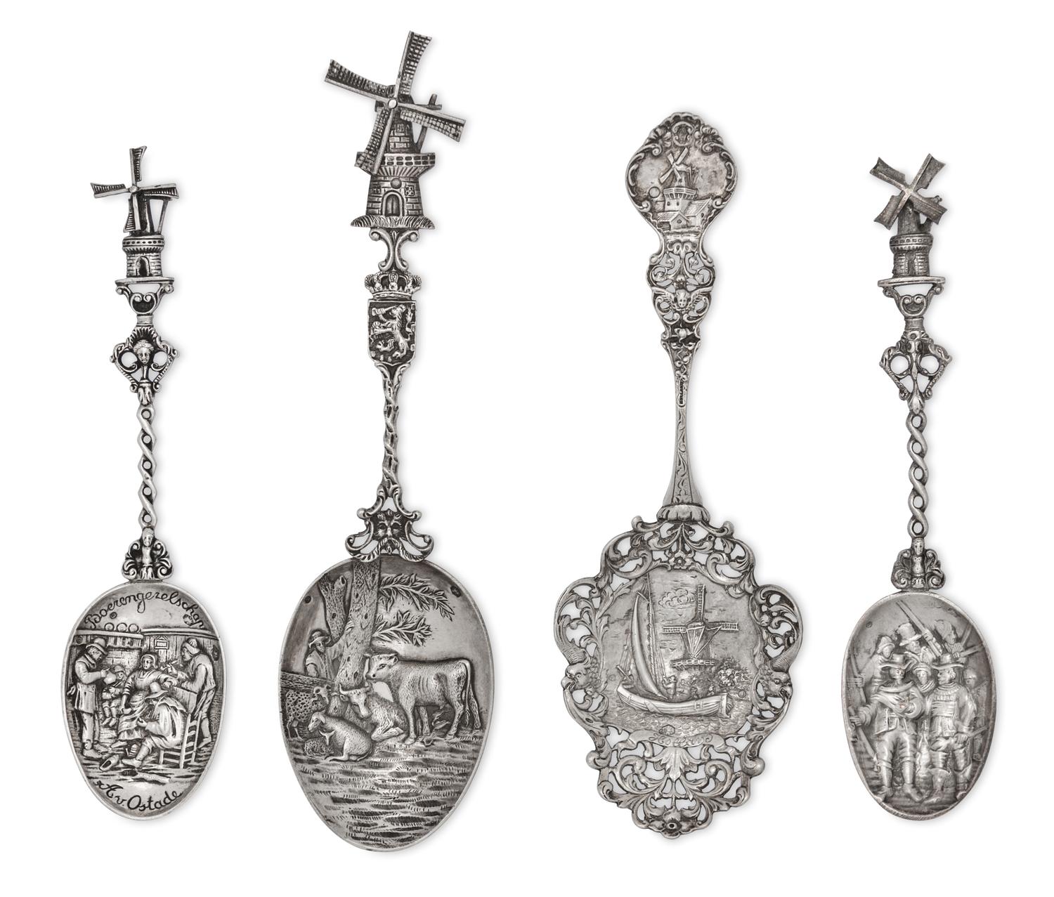 A Group of Four Dutch Silver Serving Spoons, Various Marks, each having a decorated bowl and a windmill terminal.