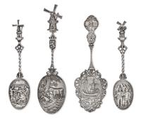 A Group of Four Dutch Silver Serving Spoons, Various Marks, each having a decorated bowl and a windmill terminal.