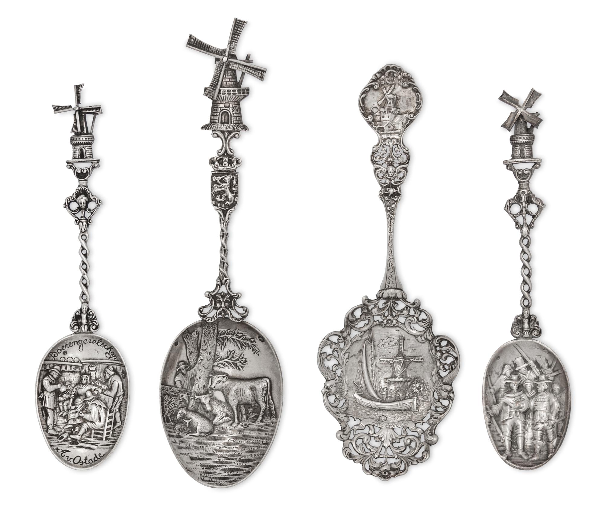 A Group of Four Dutch Silver Serving Spoons, Various Marks, each having a decorated bowl and a windmill terminal.