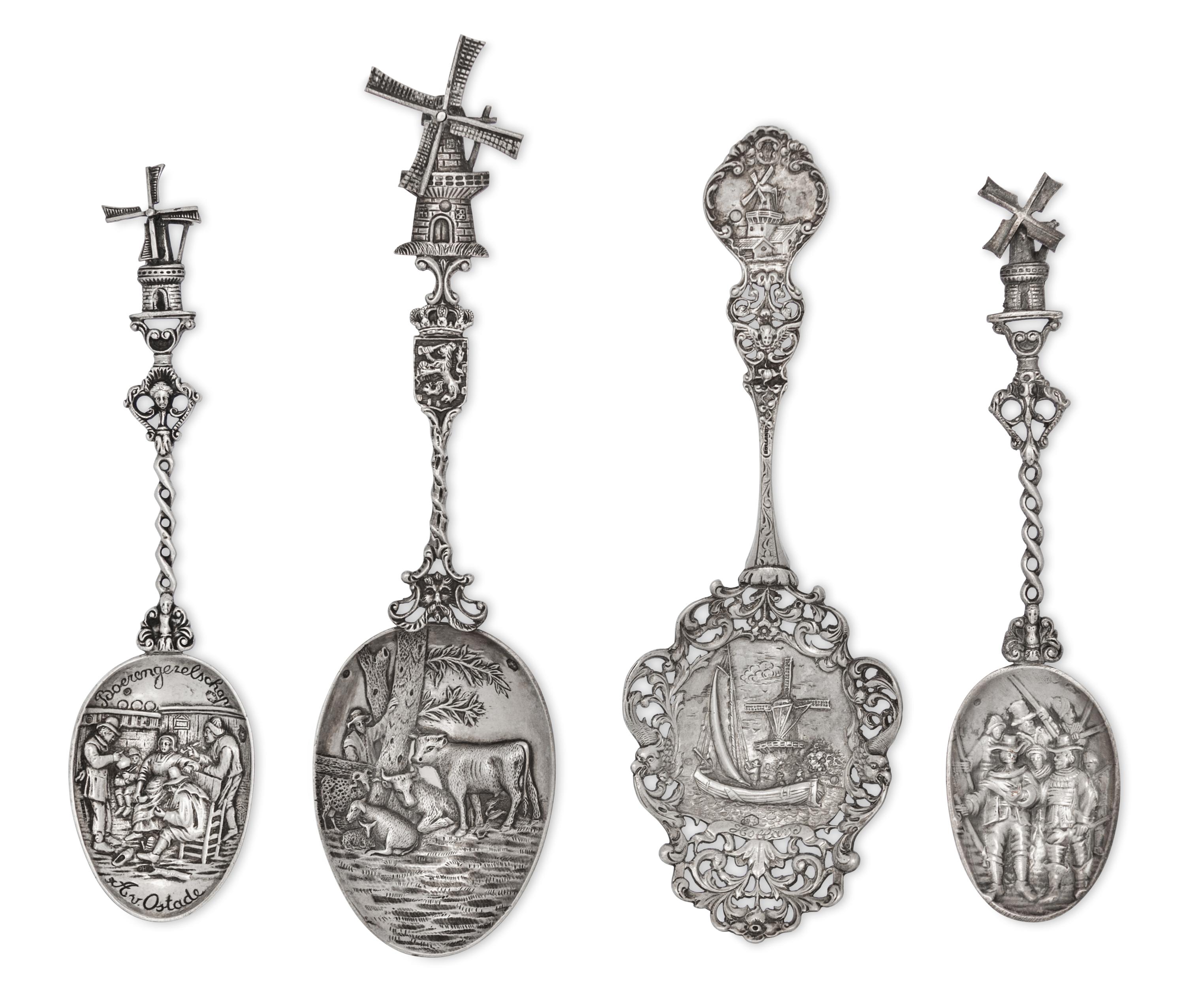 A Group of Four Dutch Silver Serving Spoons, Various Marks, each having a decorated bowl and a windmill terminal.