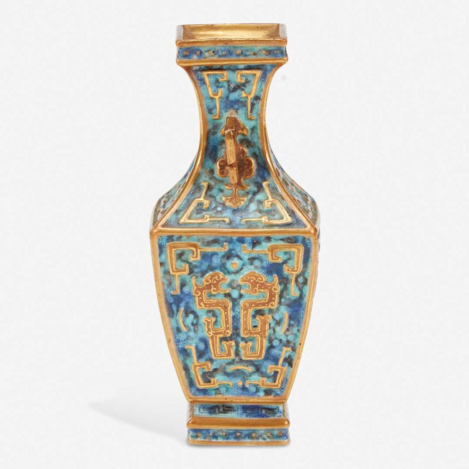 An unusual small Chinese archaistic enameled and gilt porcelain cabinet vase 倣古风格珐琅彩花瓶 Six-character "Da Qing Qianlong yuzhi" seal mark “??????”???