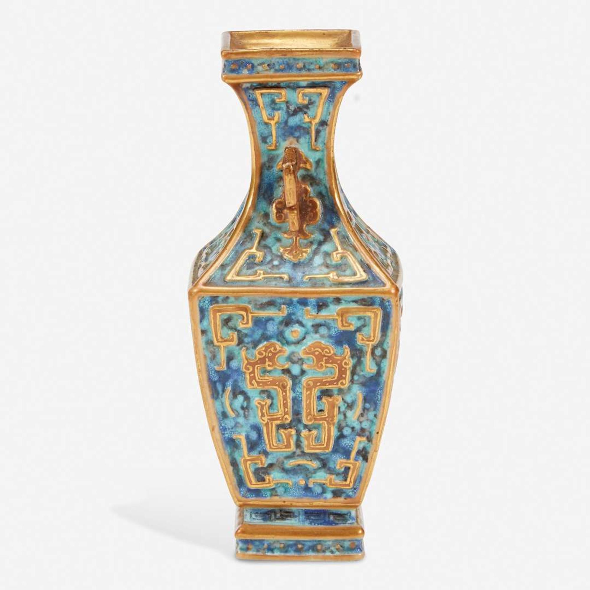An unusual small Chinese archaistic enameled and gilt porcelain cabinet vase 倣古风格珐琅彩花瓶 Six-character "Da Qing Qianlong yuzhi" seal mark “??????”???