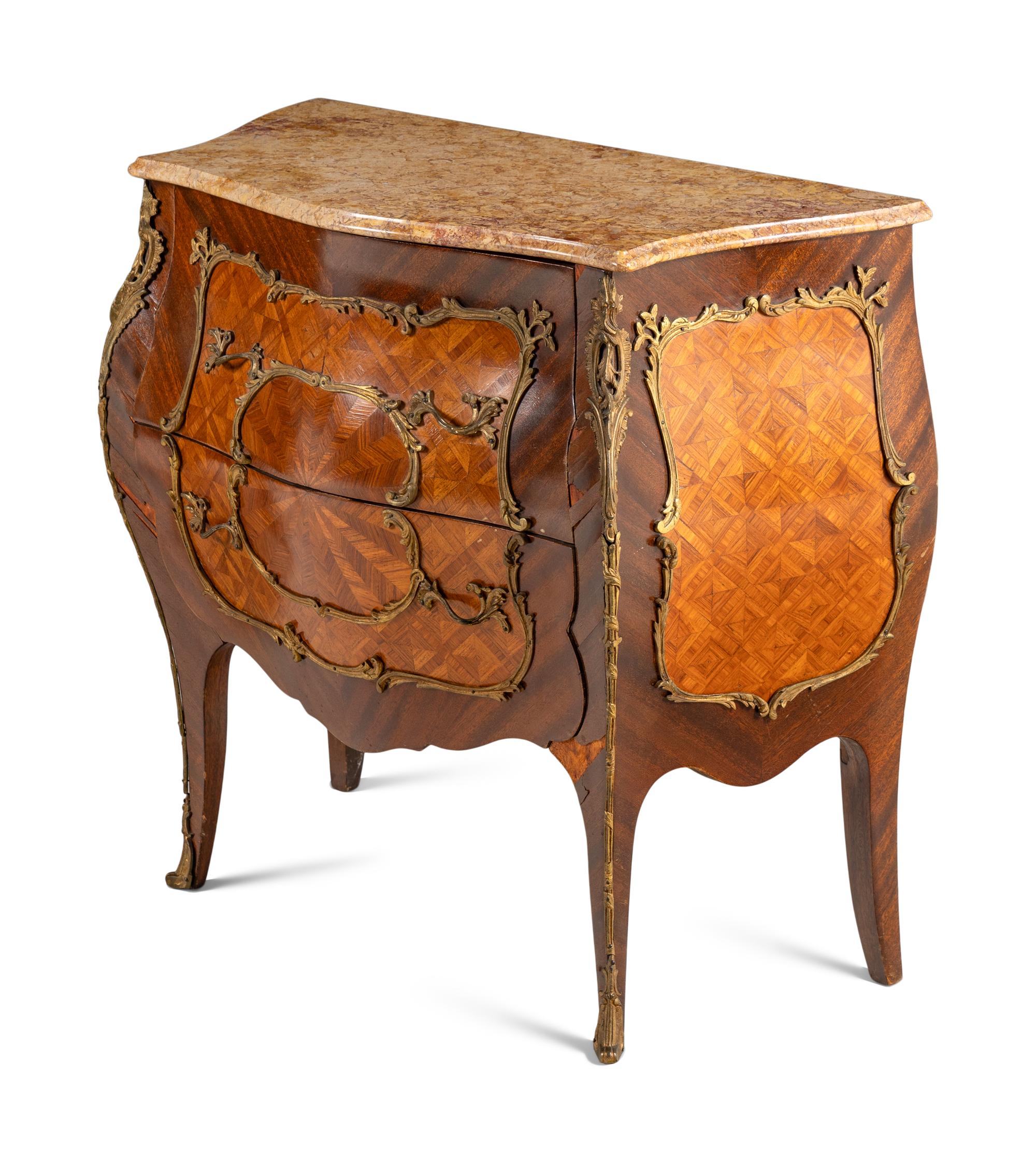 A Pair of Louis XV Style Gilt Bronze Mounted Parquetry Commodes