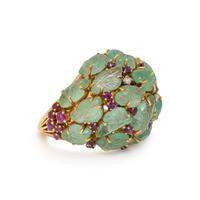 CARVED EMERALD, DIAMOND, AND RUBY RING