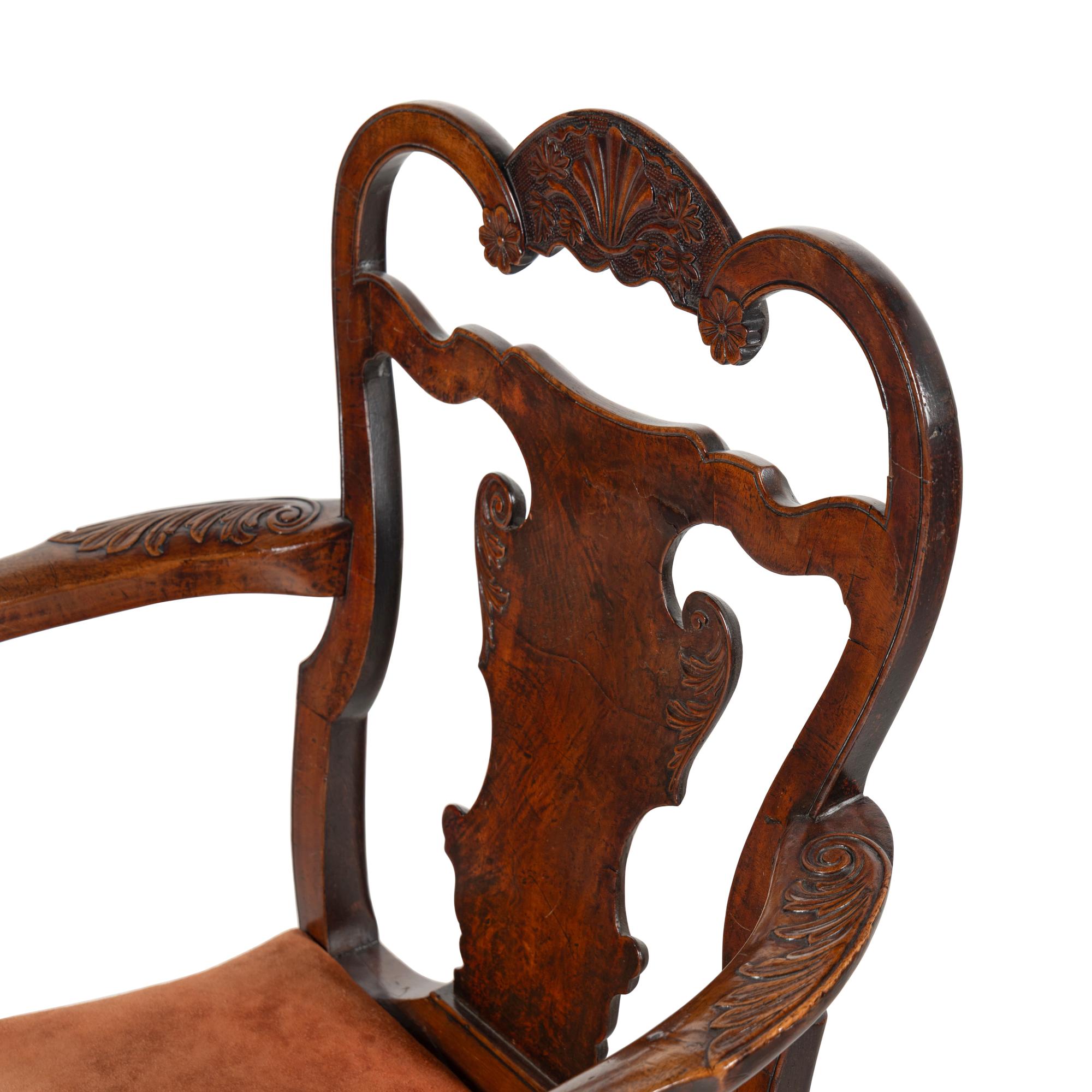A George II/III Shell-Carved Oak and Walnut Armchair