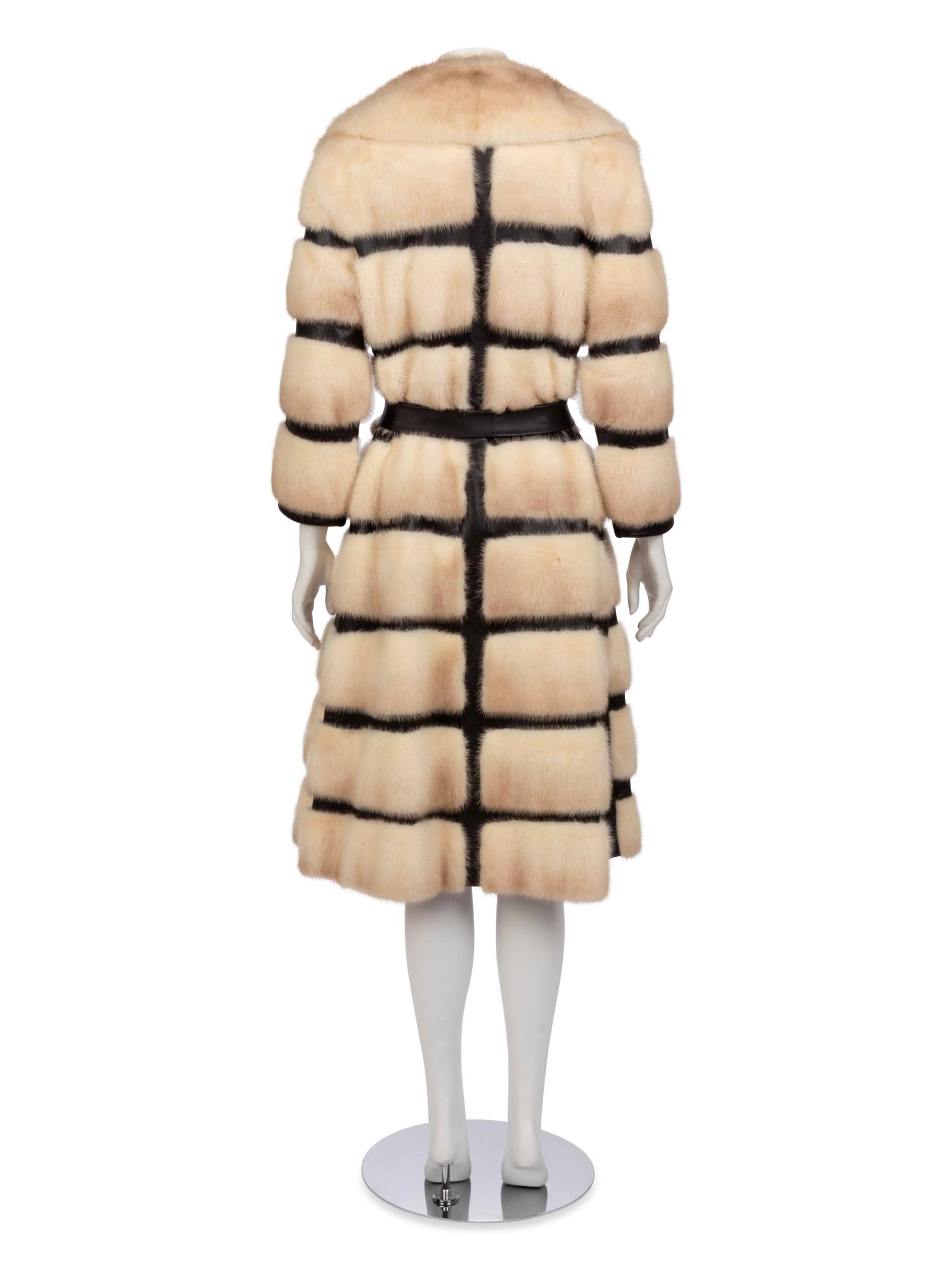 White Mink Fur and Dark Brown Leather Coat w/ Belt, 1970-80s