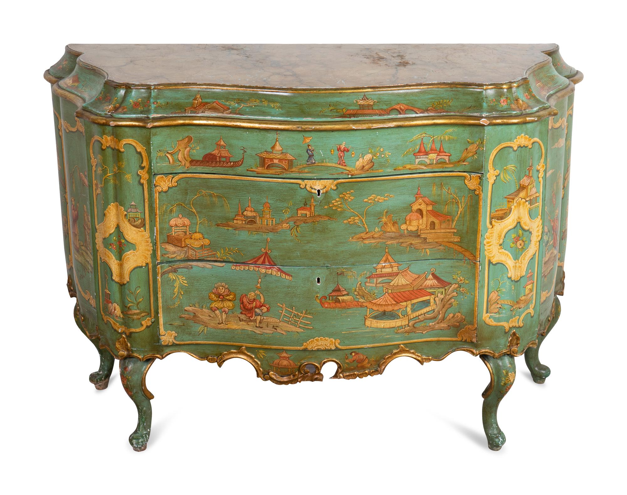 A Venetian Rococo Style Polychromed Bombe Commode — 20TH CENTURY