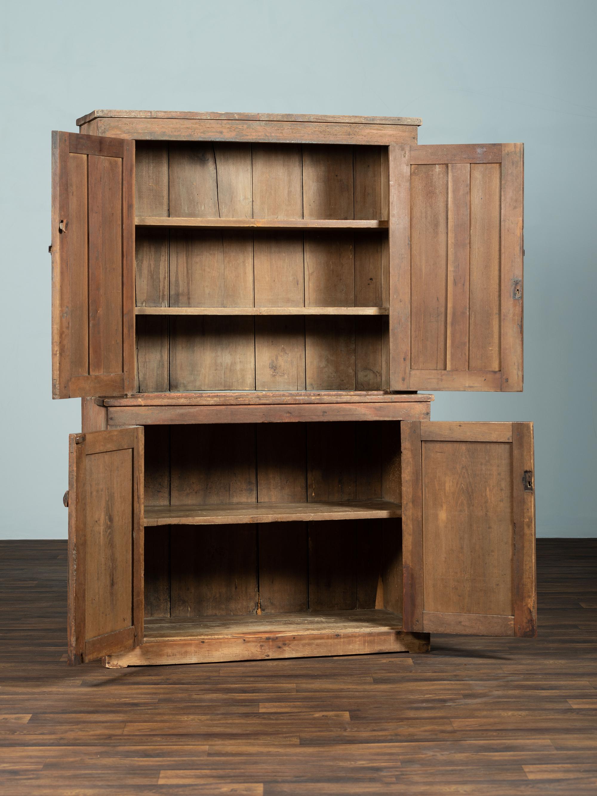 A Country Red and Yellow Painted Poplar and Cherrywood Step-Back Cupboard