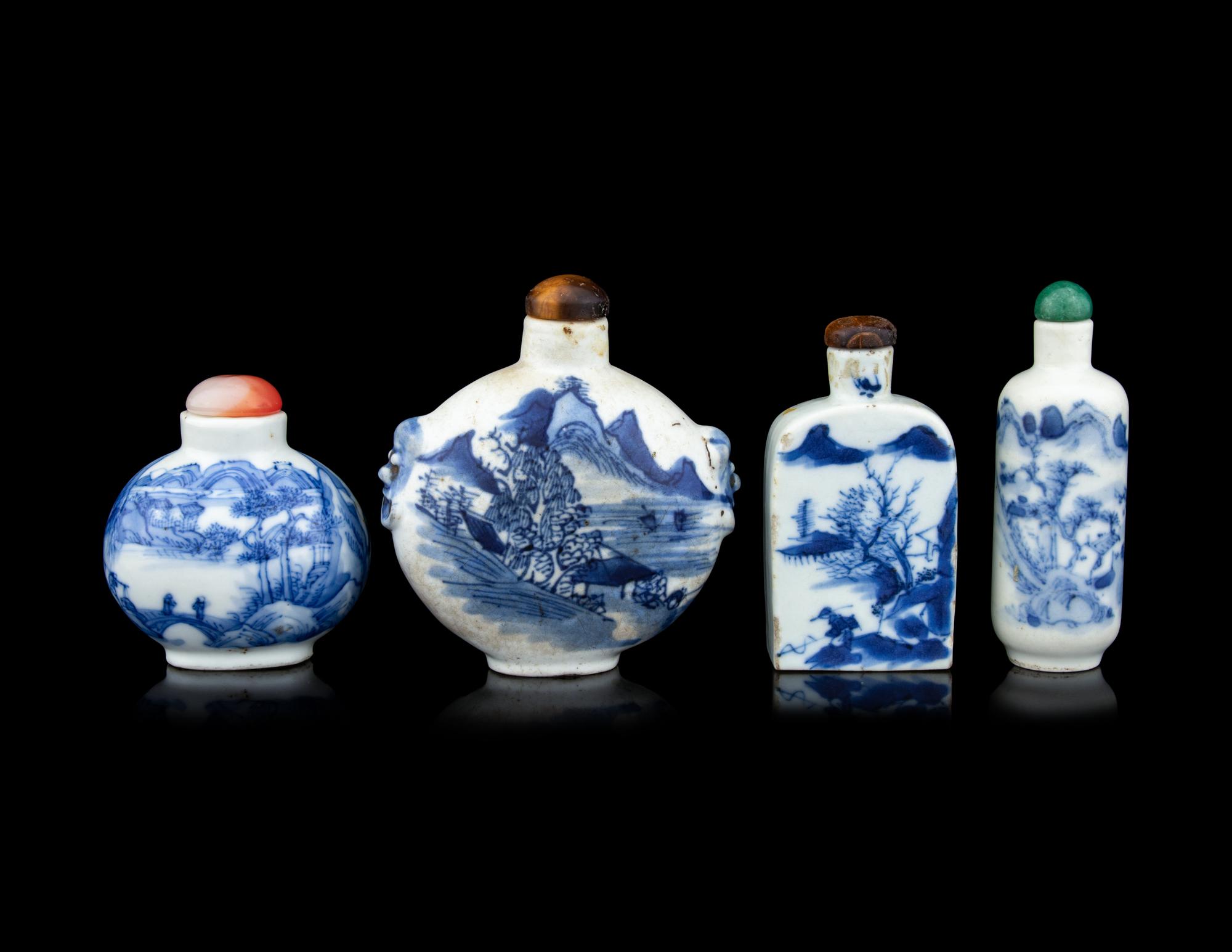 Four Blue and White Porcelain 'Landscape' Snuff Bottles