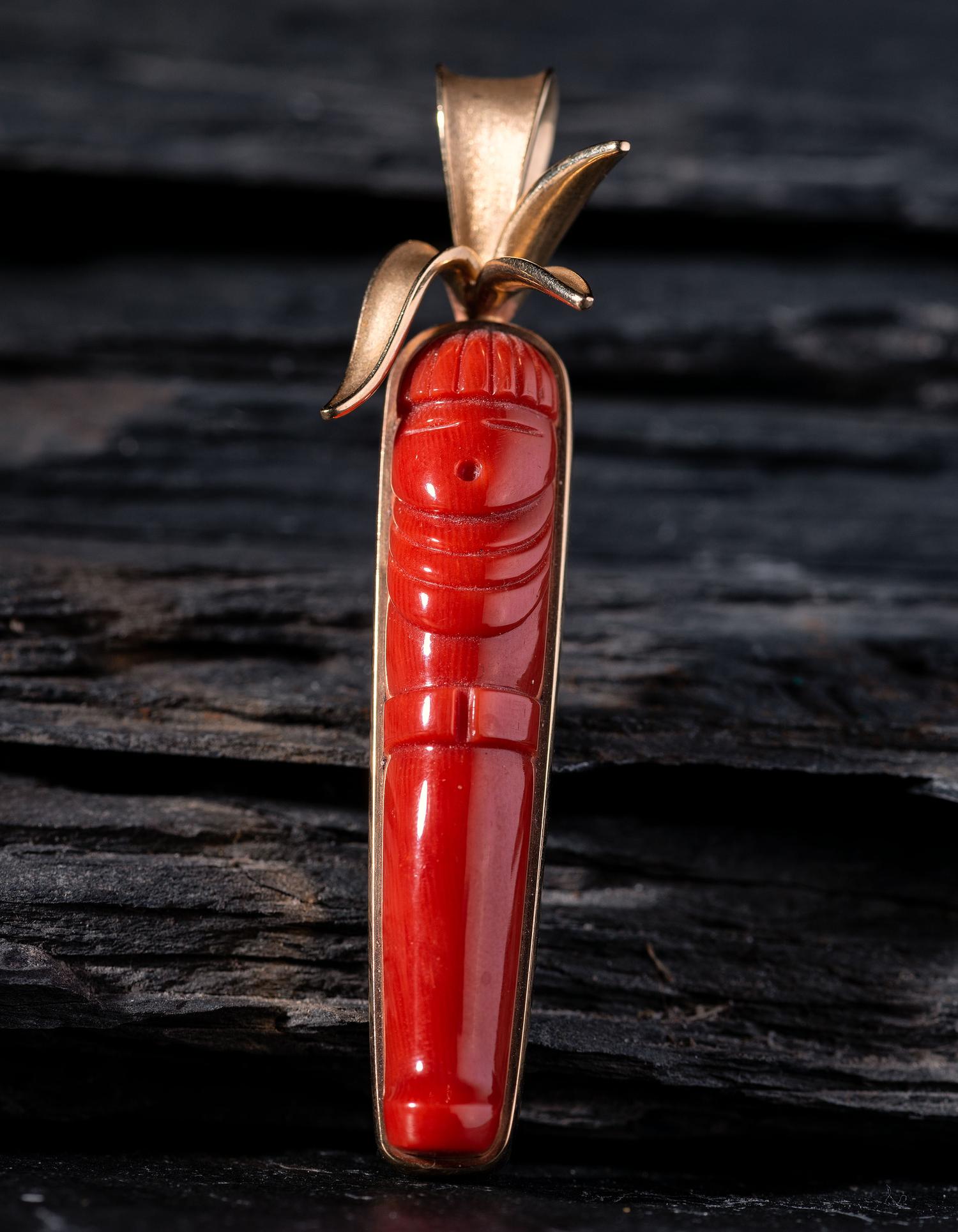 14K Gold and Carved Coral Corn Maiden Pendant