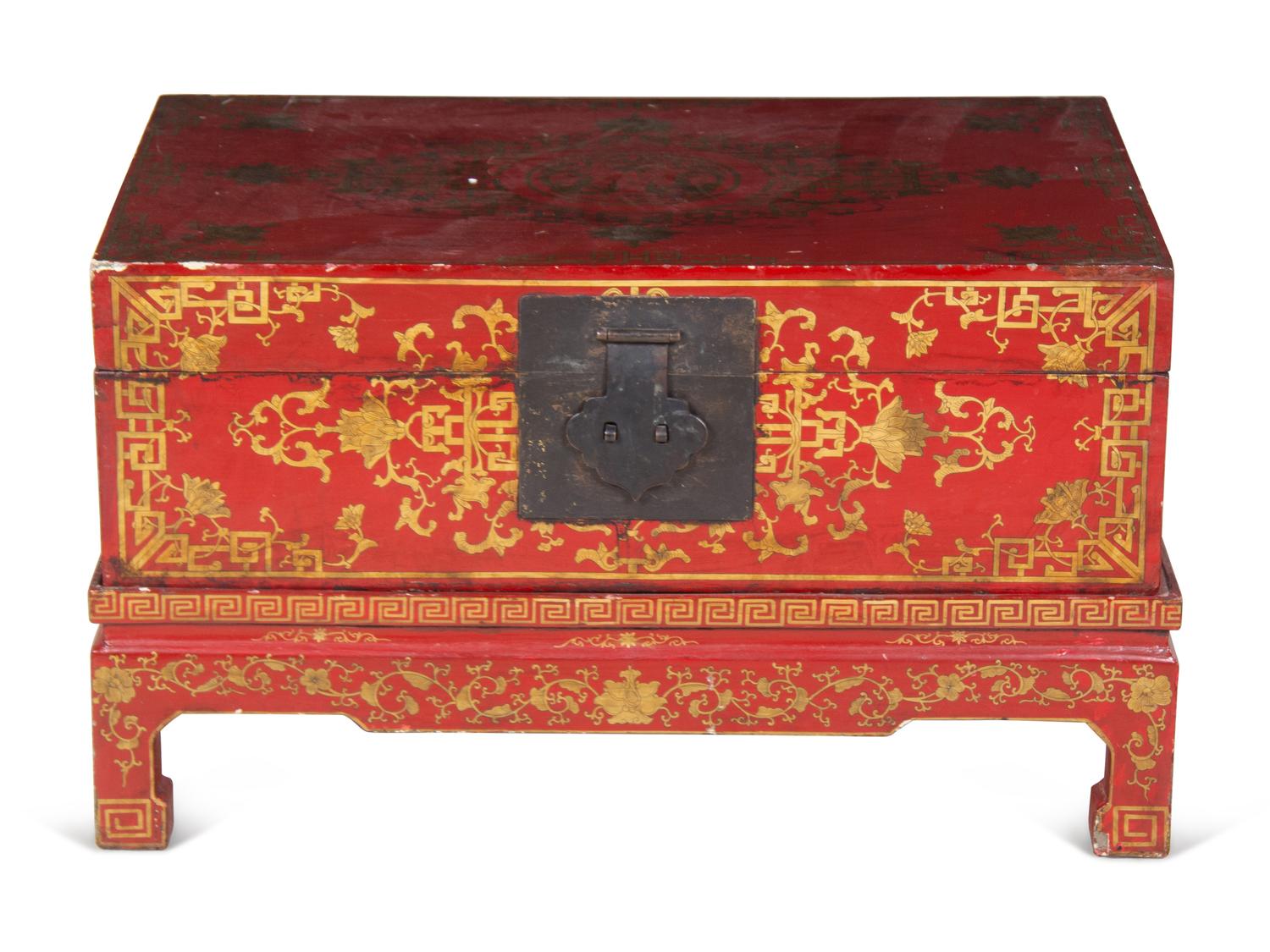 A Chinese Export Red Lacquer Chest on Stand