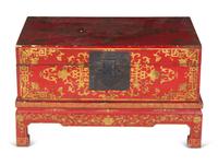 A Chinese Export Red Lacquer Chest on Stand