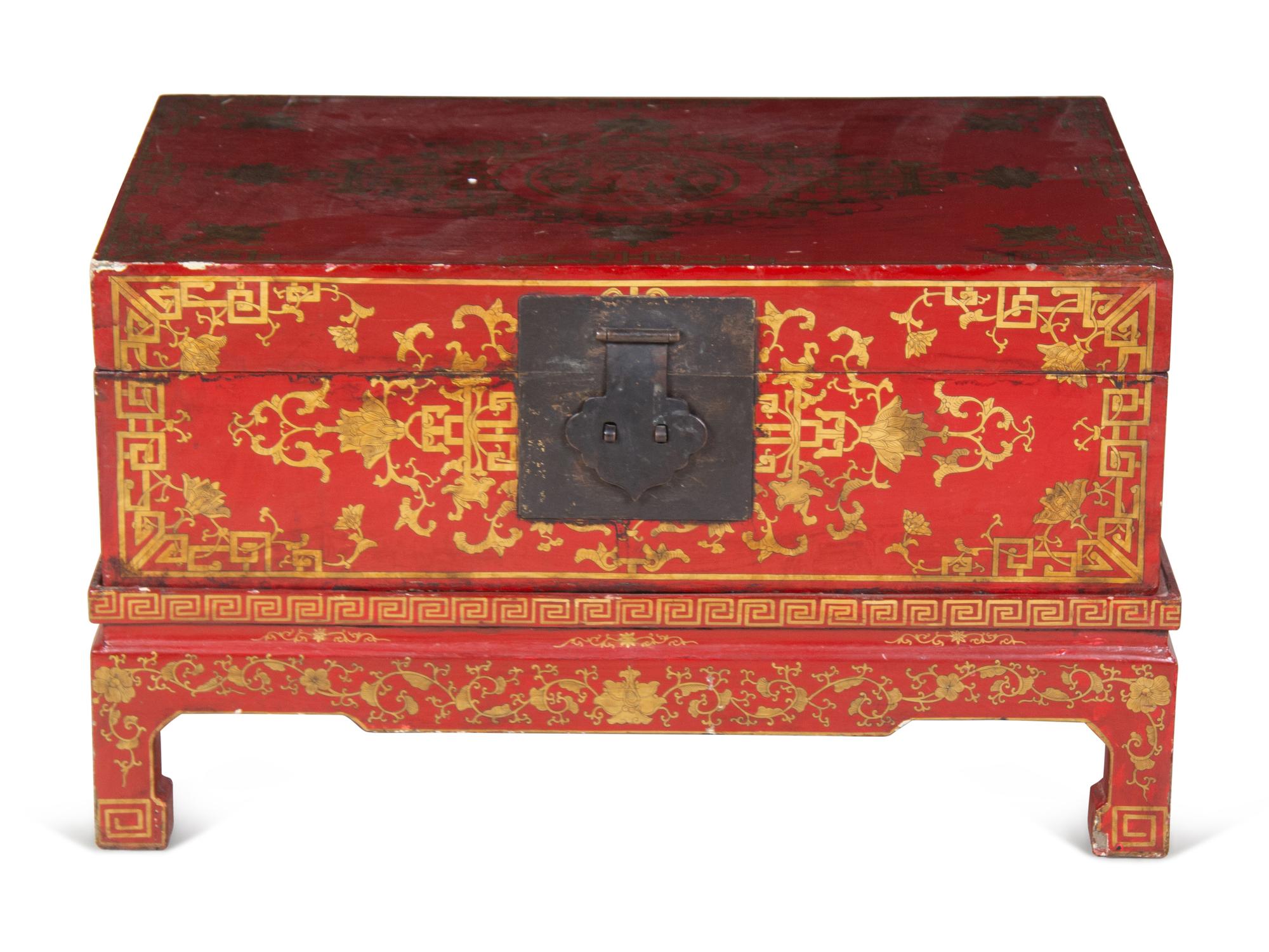 A Chinese Export Red Lacquer Chest on Stand